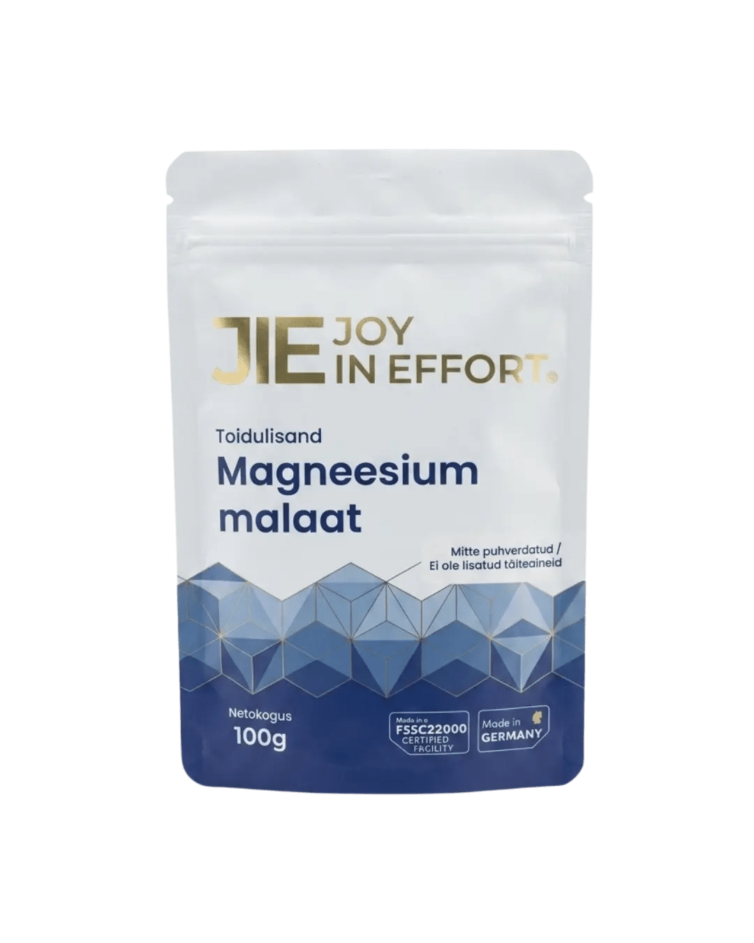 Valge Joy In Effort Magneesium Malaadi pakk siniste lainemustritega, näitab toote kaalu 100 g.